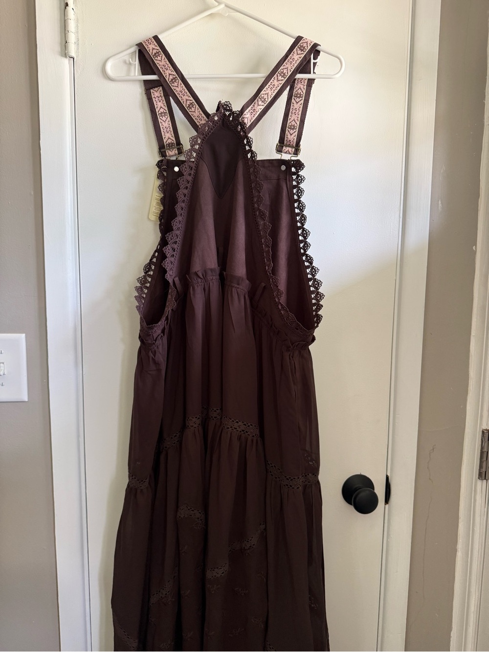 Ebossy Chocolate Brown Maxi Dress with Embroidered Bib, Lace Detail, Size XL - Picture 5 of 9